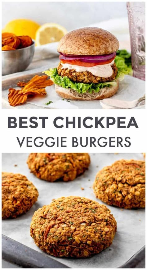 Served up burger-style with a creamy tahini yogurt sauce, these Chickpea Veggie Burgers are the perfect vegetarian option that's easy to make and satisfying! Click to learn the recipe. Vegan Chickpea Burger, Vegan Supper, Sweet Potato Veggie Burger, Chickpea Burgers, Chickpea Burger, Veggie Burgers Recipe, Vegan Chickpea, Chick Pea, Popular Food