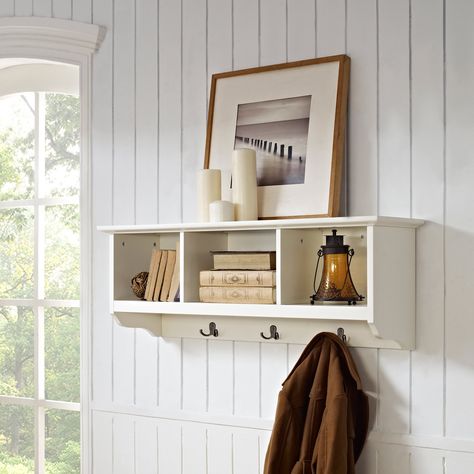 Crosley Brennan Entryway Storage Shelf - White | from hayneedle.com Entryway Storage Shelf, Hanging Storage Shelves, Wood Assembly, Cubby Shelves, White Shelf, Coat Rack Shelf, Display Photos, Cubby Storage, Entryway Wall