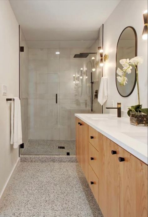 Terrazo Tiles Bathroom, White Tile Wall, Terrazo Tile, Matte Porcelain Tile, Tiles For Bathroom, Terrazzo Flooring, Bathroom Update, Main Bathroom, Bathroom Floor Tiles