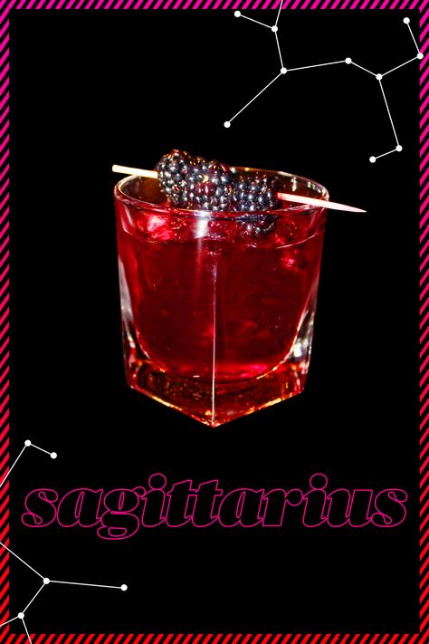 Zodiac Cocktails Sagittarius, Sagittarius Cocktail, Zodiac Cocktails, Blackberry Cocktail, Sagittarius Archer, Pretty Alcoholic Drinks, Ginger Slice, Blueberry Juice, Orange Twist