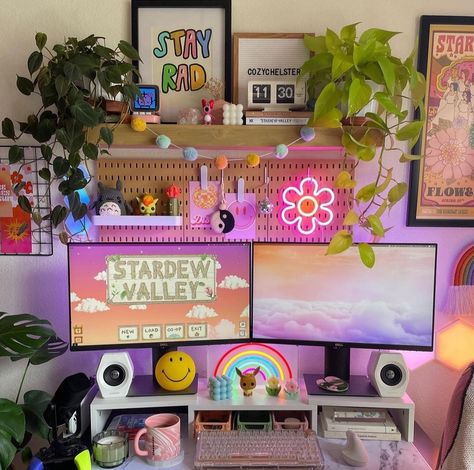 Colorful Gaming Room, Funky Desk Setup, Colorful Gaming Setup, Maximalist Gaming Setup, Rainbow Gaming Setup, Girly Gamer Room, Two Monitor Desk Setup, Cozy Gamer, Battle Station