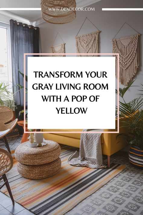 Gray living room with a vibrant yellow couch and bohemian decor. Yellow White Gray Living Room, Grey White Yellow Living Room, Yellow Couch Grey Walls, Gray Couch Yellow Throw Pillows, Living Room Yellow Accents, Kitchen Flooring Trends, Grey And Yellow Living Room, Kitchen Tile Inspiration, Ensuite Bathroom Designs