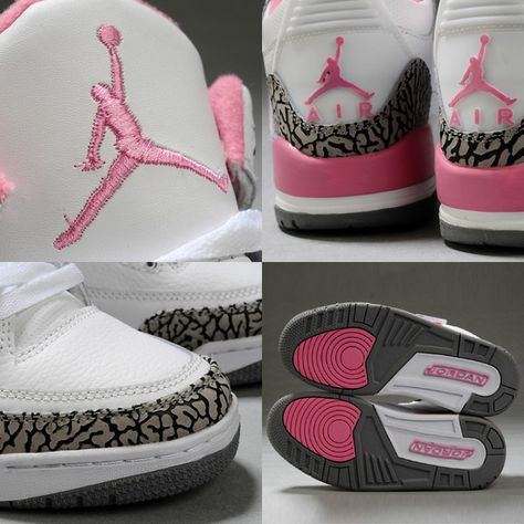 Women Air Jordan 3 Retro White Pink Cement Grey ($71) ❤ liked on Polyvore featuring shoes, jordans, pink white shoes, grey shoes, pink shoes, retro shoes and air sole shoes Trendy Shoes Sneakers, Nike Shoes Girls, Jordan Shoes Girls, Jordan Shoes Retro, All Nike Shoes, Jordan 3 Retro, 3 Shoes, Air Jordan 3 Retro, Cute Nike Shoes