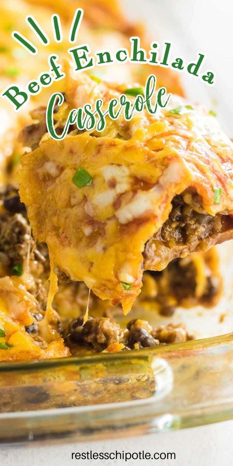 This easy beef enchilada casserole recipe has layers of ground beef, cheese, black beans, & corn tortillas covered with red enchilada sauce then baked to gooey perfection. It's a family favorite! Ground Beef Enchilada Casserole, Beef Enchilada Casserole, Casserole Beef, Easy Mexican Casserole, Easy Beef Enchiladas, Tortilla Casserole, Beef Enchilada Recipe, Ground Beef Enchiladas, Beef Enchilada