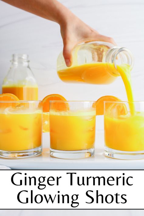 Ginger Turmeric Glowing Shots (Blender Recipe) - Plant Based Jess Ginger And Turmeric Shots, Ginger Turmeric Shot Recipe, Healthy Shots, Cooking With Turmeric, Turmeric Juice, Turmeric Shots, Turmeric Recipes, Ginger Shot, Wellness Shots