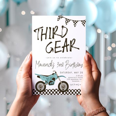 Third Gear Birthday Invitation Template | Editable Dirt Bike 3rd Birthday Invite | Racing Third Bday S479 Motorcycle 3rd Birthday Ideas, Motorcycle 3rd Birthday, 3 Rd Birthday Party Ideas Boy Themes, 3rd Gear Birthday Party For Boy, Third Gear Birthday Party, Boy Third Birthday Theme, Three Birthday Theme Boy, Boy 3rd Birthday Theme, Boys 3rd Birthday Party Ideas