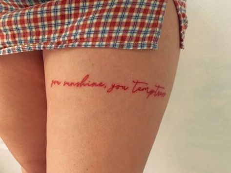 Red Thigh Tattoo, Back Of Leg Tattoo Women, Leg Tattoo Women, Back Of Leg Tattoo, Leg Tattoos For Women, Back Of Leg Tattoos, Rose Tattoo Thigh, Hip Tattoos Women, Red Ink Tattoos