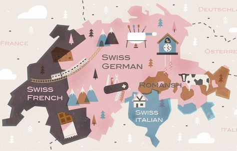 Swiss Languages Map Babbel Language Map, German People, Vevey, Switzerland Travel, Lucerne, Illustrated Map, Swiss Alps, Map Design, Editorial Illustration