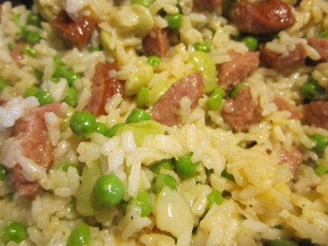 Portuguese "Jag" Jag Recipe, Portuguese Rice Recipes, Jag Rice Recipe, Sausage And Beans, Portuguese Rice, Portuguese Sausage, Lima Bean, Rice Side, Lima Beans