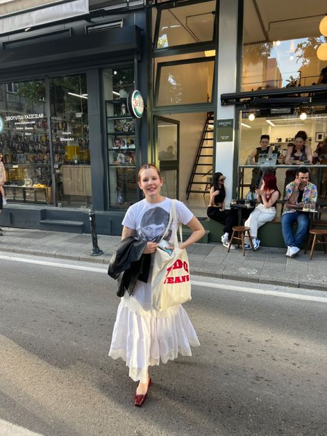 Ballet Flat Mary Janes, Long Skirt Ballet Flats, Red Mary Janes Aesthetic, Red Mary Janes Outfit Aesthetic, Skirt And Ballet Flats Outfit, Mary Jane Flats Outfits, Ballet Flats With Skirt, White Flat Shoes Outfit, Flat Mary Janes Outfit