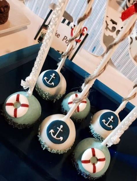 Blue Nautical Party | CatchMyParty.com Nautical Cake Pops, Titanic Cake, Navy Cake, Baby Shower Themes For Boys, Nautical Baby Shower Boy, Trendy Baby Shower Themes, Nautical Birthday Party, Nautical Cake, Nautical Themed Party