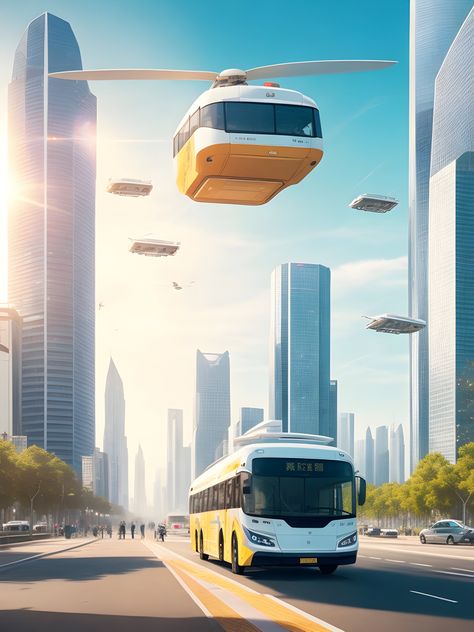 This picture of the future city shows buses both on the ground and up in the sky. It's like a scene from a science fiction movie! In this city, transportation has become super advanced. Some buses can now travel above the streets on elevated tracks, reducing traffic jams and making travel faster. It's an exciting vision of what our cities could look like one day, with flying buses helping people get around more efficiently. City Transportation, Devian Art, Architecture Collage, Music Album Covers, Future City, Train Tracks, Music Album, City Streets, Book Covers