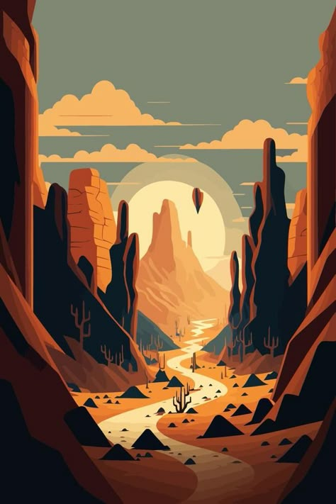 Illustration Landscape Art, Desert Mountain Art, Arizona Landscape Paintings, Arizona Graphic Design, Landscape Vector Art, Monument Valley Art, Grand Canyon Illustration, Desert Landscape Illustration, Desert Digital Art