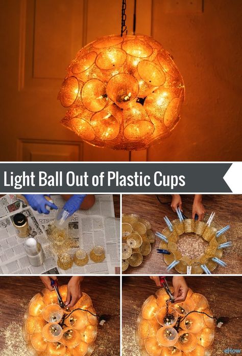 Plastic Cup Light Ball, Light Balls Christmas Plastic Cups, Plastic Cup Christmas Light Ball, Plastic Cup Crafts Diy, Plastic Cup Ornaments, Diy Christmas Light Balls, Light Balls Christmas, Plastic Cup Crafts, Diy Christmas Ball