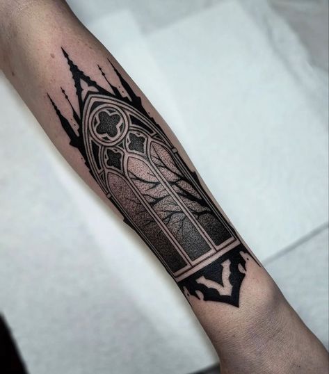 Cathedral Tattoo Design Window, Black And Grey Stained Glass Tattoo, Cathedral Finger Tattoo, Gothic Geometric Tattoo, Chaotic Tattoo Ideas, Gothic Cathedral Window Tattoo, Black And White Stained Glass Tattoo, Stained Glass Tattoo Sleeve, Victorian Window Tattoo