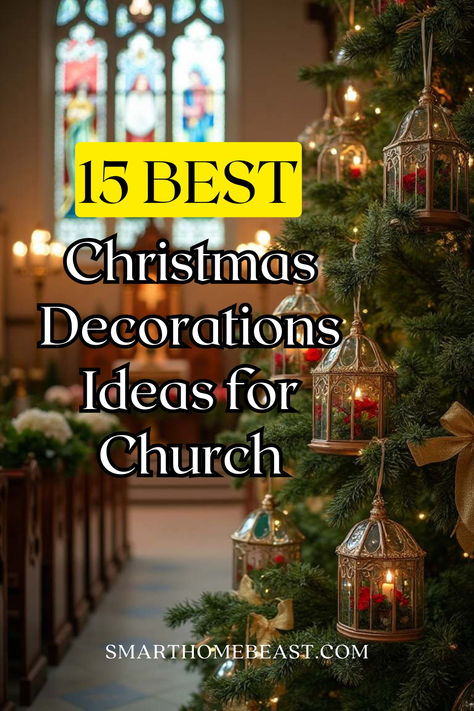 An image showcasing beautiful Christmas decorations for church, featuring elegant lantern ornaments on a Christmas tree with soft candlelight and stained glass windows in the background, creating a warm, festive atmosphere. How To Decorate Church For Christmas, Christmas Church Decorations Sanctuary Ideas, Christmas Decoration For Church Alter, Christmas Decor Ideas Church Stage Decor, Church Fellowship Hall Christmas Decor, Christmas Decor Ideas Church Altar, Christmas Church Decorations Ideas, Church Decorations Ideas For Christmas, Church Window Christmas Decorations