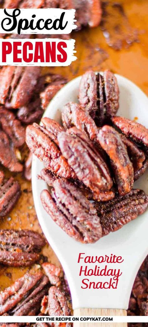 Spiced Pecans are a tasty snack found in malls, fairs, and airports. Get the easy recipe and find out how to make the best sugar and spice pecans at home. These roasted candied pecans are flavored with cinnamon, nutmeg, and allspice. Simply coat pecans with egg white, sugar, and spices then bake. Perfect for DIY Christmas gifts. Spice Pecans Recipe, Christmas Spiced Nuts Recipe, Spiced Pecans Recipe Holidays, Cinnamon Spiced Pecans, Spiced Nuts Christmas, Flavored Nuts Recipes Holidays, Pecan Nuts Recipes, Roasted Pecans Oven, Sugared Pecans Recipe