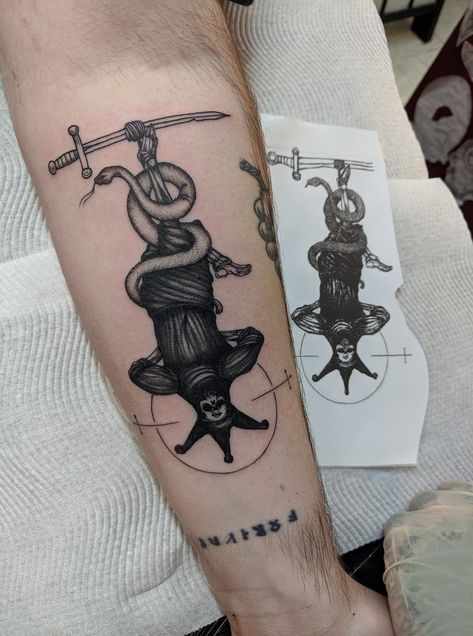 The Hanged Man Tattoo, Hanged Man Tattoo, Micah Ulrich, Esoteric Tattoo, Black And Grey Tattoos For Men, Alchemy Tattoo, Left Arm Tattoos, Master Tattoo, Tarot Card Tattoo