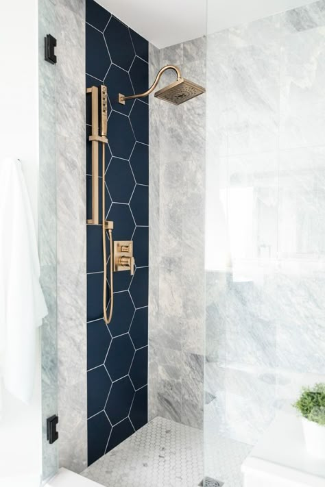 Navy And Chrome Bathroom, Navy Blue And Marble Bathroom, Statement Shower Tile, Tall Ceiling Bathroom Ideas, Marble And Navy Bathroom, Mixing Tile Patterns Bathroom, Navy Ensuite, Navy Tile Shower Ideas, Black And Blue Bathroom Ideas