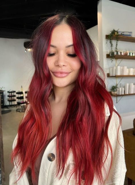 Dyed Hair For Brunettes Red, Dark Red Hair With Red Money Piece, Dark Fun Hair Color Ideas, Bright Red Hair With Money Piece, Red Partial Balayage, Red Hair With Red Money Piece, Cold Red Hair Color, Red Hair Color Ideas With Highlights, Dark Red Hair With Money Piece