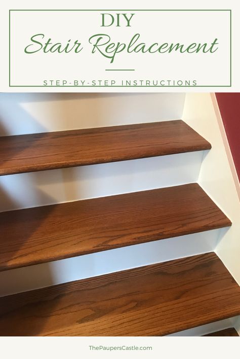 Stair Treads Wood, Wood Treads On Stairs, Replacing Stair Treads Diy, How To Install Stair Treads, Stain Stair Treads, How To Replace Stair Treads, How To Stain Stair Treads, Staining Stair Treads, Replace Stair Treads