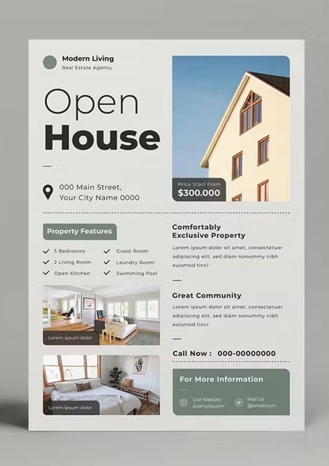 Simple Real Estate Flyer Template AI, PSD Flyer Real Estate Design, Real Estate Flyer Design, Realtor Flyers, Flyer Real Estate, Hotel Ads, Estate Design, Modern Homes For Sale, Real Estate Marketing Design, House Template