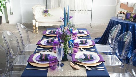 elegant-purple&navy-wedding-content-all with mirror and cake table Plum Lavender And Navy Wedding, Navy Blue Purple And Gold Wedding, Blue And Purple Table Decorations, Blue And Purple Table Setting, Purple And Navy Blue Wedding Decorations, Table Scape Wedding, Navy Blue And Lavender Wedding Decor, Navy Blue And Lavender Wedding, Lavender Wedding Centerpieces