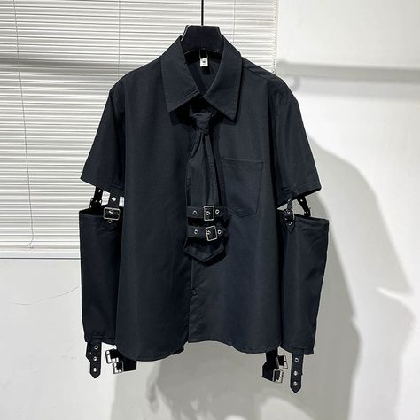 45760813334783|45760813367551|45760813400319 Pants Chain, Stylish Shirts Men, Techwear Pants, Mens Black Shirt, Punk Streetwear, Metal Shirts, Sleeves Clothing, Loose Outfit, Spring Shirts