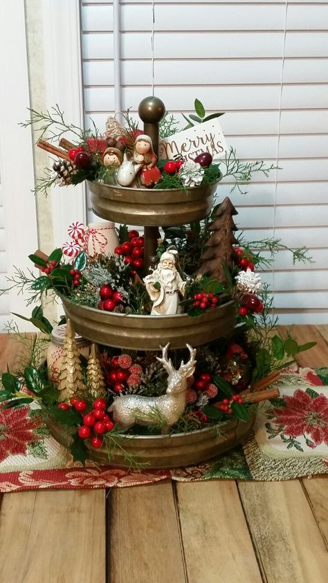 Tier Christmas Metal Tiered Tray Decor, Teir Trays Decor Christmas, Christmas 3 Tier Tray Decor, Three Tiered Tray Decor Christmas, 3 Tier Tray Decor Ideas, 2 Tier Stand Decor, Odd Trinkets, Nativity Tiered Tray, Tier Decorations