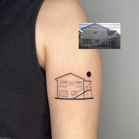 Tattoos Of Houses, House Fine Line Tattoo, Fine Line House Tattoo, Back Of Bicep Tattoo Women, House Outline Tattoo, Childhood Home Tattoo, House Tattoo Minimalist, Tiny House Tattoo, House Tattoo Simple