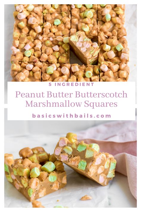 Peanut butter confetti squares are an easy colorful dessert with fruity marshmallows, peanut butter, and butterscotch chips to make the perfect marshmallow fudge dessert. #peanutbutterbars #dessertbars #marshmallow #minimarshmallows #peanutbutter #dessert #nobakedessert #dinnerthendessert Peanut Butter Butterscotch Marshmallow, Butterscotch Marshmallow Squares, Butterscotch Marshmallow, Peanut Butter Marshmallow Bars, Confetti Squares, Marshmallow Dessert Recipes, Peanut Butter Marshmallow Squares, Marshmallow Squares, Marshmallow Fudge