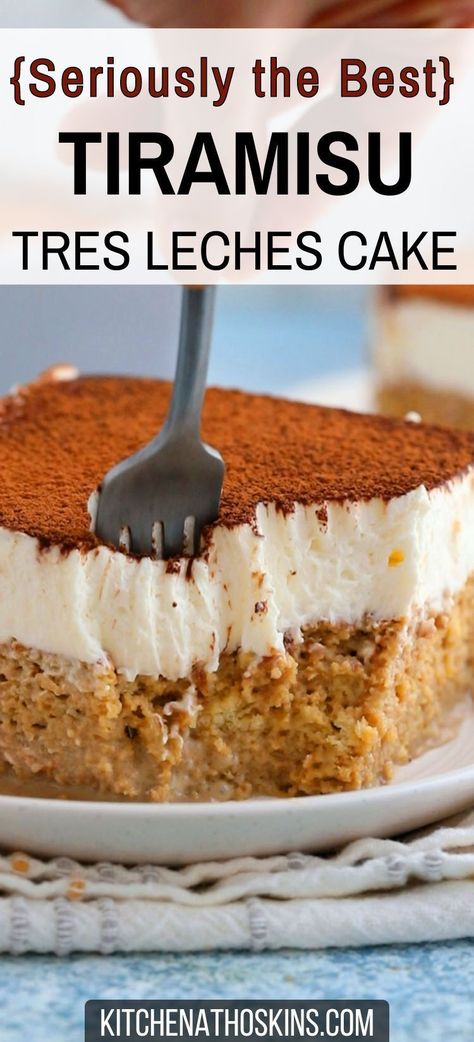 Learn how to make a unique tiramisu tres leches cake recipe made from scratch without lady fingers and can be adapted with or without alcohol. This dessert mashup is a creative cake combining Italian tiramisu with Mexican tres leches and is ideal dessert for a crowd. Get the best tiramisu tres leches cake recipe at kitchenathoskins.com. Unique Tiramisu, Mexican Tres Leches Cake, Dessert For A Crowd, Best Tiramisu, Fall Dessert Recipes Easy, Italian Tiramisu, Tres Leches Cake Recipe, Fun Thanksgiving Desserts, Fall Baking Recipes