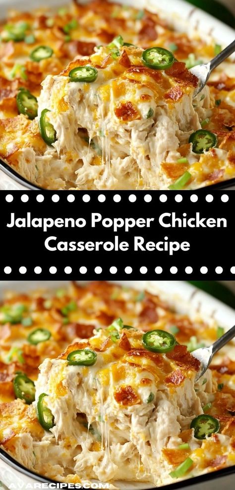 Craving a satisfying meal? This Jalapeno Popper Chicken Casserole is bursting with flavor and topped with creamy cheese. It's an easy dinner recipe that the whole family will love, perfect for busy weeknights. Jalapeño Popper Chicken Casserole, Jalapeno Popper Chicken Casserole, Popper Chicken Casserole, Popper Casserole, Popper Chicken, Creamy Jalapeno, Yummy Casserole Recipes, Chicken Casserole Recipe, Jalapeno Popper Chicken