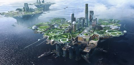 Bio Platform by Mitchell StuartHad this render kicking around for a while...thought I'd do something with it !  Was meant to envision populations moving out to giant man-made islands in the future. Floating Architecture, Sci Fi Landscape, Man Made Island, Sci Fi Environment, Concept Ships, Fantasy City, Futuristic Art, Fantasy Places, Futuristic City