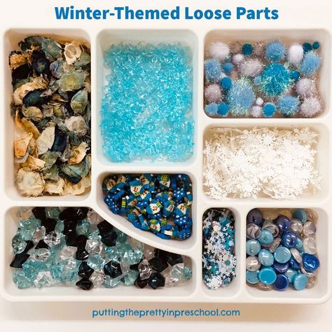 Winter-themed loose parts to use in treasure blocks or art activities. Small World Activities, January Activities, Winter Activities For Kids, Tuff Tray, Loose Parts, Toddler Christmas, Nature Center, The Blocks, Sensory Bins