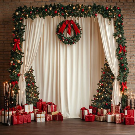 Christmas Decor Curtains, Christmas Backdrops For Party, Christmas Backdrop Decorations, Winter Church Decor, Church Christmas Backdrop, Christmas Set Up, Christmas Diy Backdrop Ideas, Christmas Party Balloon Decorations, New Years Backdrop Ideas