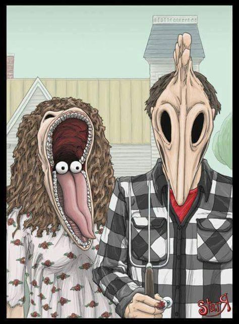 Barbara and Adam Maitland of Beetlejuice posing for American Gothic. Grant Wood, Tim Burton Art, Tim Burton Movie, The Rocky Horror Picture Show, American Gothic, Corpse Bride, Pics Art, Beetlejuice, Movie Art