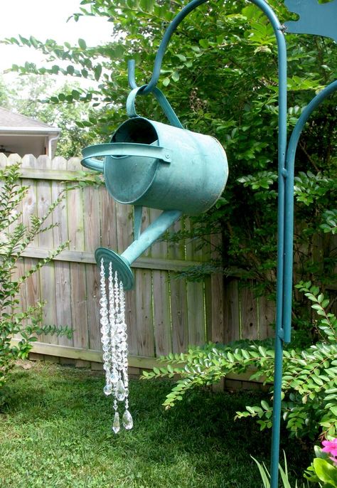 Beaded Watering Can - Scrapbook.com Watering Can Yard Art, Watering Can Garden Art, Old Watering Cans Ideas Garden Art, Watering Can Display, Watering Can With Lights Pouring Out, Watering Can Garden Decor, Watering Can With Beads Pouring Out, Watering Can Planter Ideas, Old Watering Can Ideas