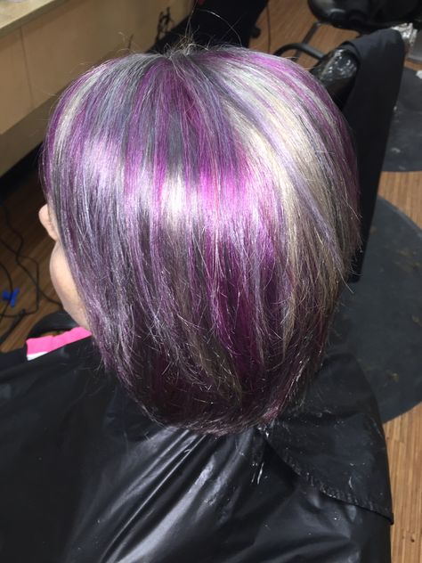 Silver, charcoal,orchid hair Gray,purple hair Silver Hair With Purple Highlights, Gray Hair With Purple Highlights, Gray Purple Hair, Mauve Highlights, Grey Hair With Purple Highlights, Hair With Purple Highlights, Purple Hair Streaks, Hair With Purple, Purple Grey Hair