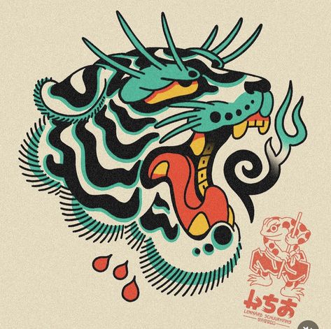 Asian Tattoo Ideas Japanese Art, Trad Japanese Tattoo Sleeve, Korean Tiger Illustration, Japanese Portrait Tattoo, Asian Tiger Art, Japanese Folklore Tattoo, Traditional Godzilla Tattoo, Japanese Tattoo Art Simple, Japanese Tiger Tattoo Traditional