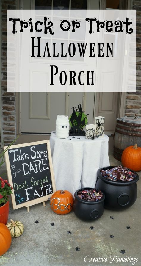 A spooky Halloween porch perfect for Trick or Treat. Leave a bowl of candy in this spooky display. Halloween Porch Decorations Diy, Halloween Porch Lights, Halloween Candy Table, Bowl Of Candy, Porch Halloween, Halloween Porch Sign, Halloween Candy Bowl, Porch Lights, Candy Display