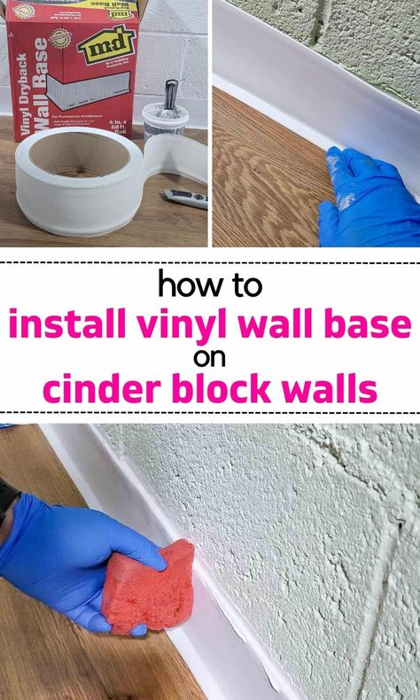 Read all the tips and see step-by-step pictures for how to install vinyl wall base to cinder block walls. An easy, inexpensive DIY project for your basement walls or garage walls! Installing floor trim / molding around the basement elevates the area and makes it much more elegant. This easy DIY installation doesn't require ANY special tools or skills. Block Wall Basement Ideas, Painted Cinder Block Basement, Painted Cement Block Walls, Easy Basement Wall Covering, Cinder Block Wall Basement, Unfinished Wall Ideas, Cinder Block Basement Makeover, Basement Unfinished Ideas, Basement Block Wall Ideas