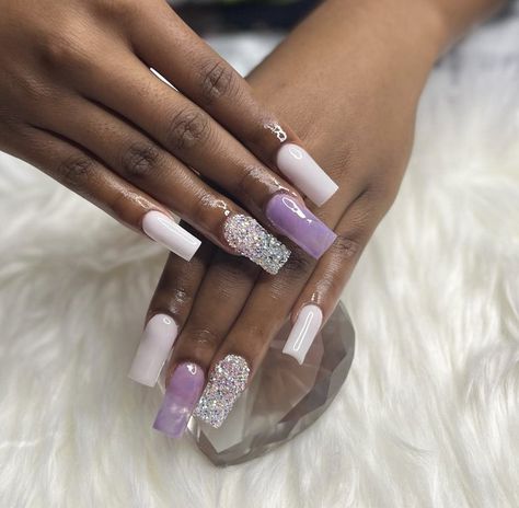 Violet And White Nails, White And Lavender Nails, Lilac And Silver Nails, White And Purple Nails, Bridgerton Prom, Purple And White Nails, Sliver Nails, Purple And Silver Nails, Bday Nails