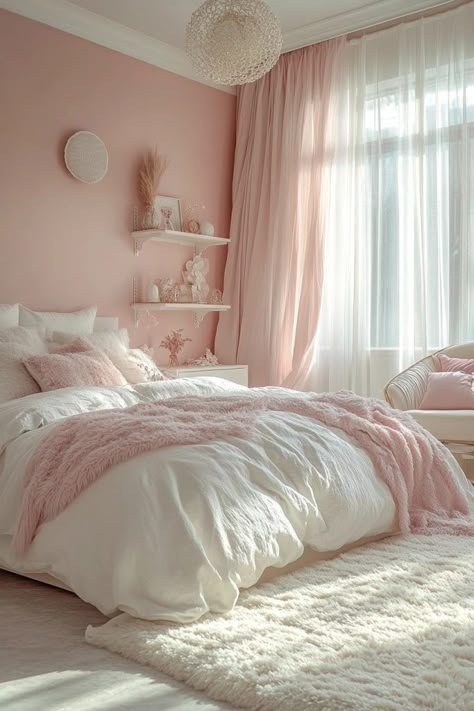 Pink Accented Bedroom, Girls Room White Furniture, Pink And White Furniture, Pink And White Interior Design, Bedroom Inspo Pink And White, Cozy Pink Apartment, Pink Wall Ideas Bedrooms, Pink Soft Room, White Room Pink Accents