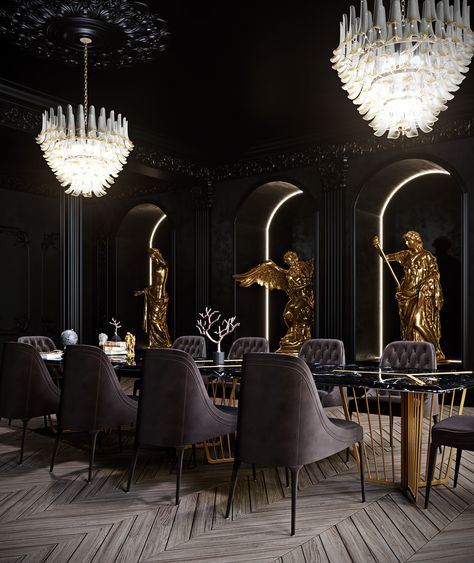 Moody Spaces, Vampire Castle, Gold Dining Room, Contemporary Door, Black Interior Design, Contemporary Hotel, Luxury Dining Room, Elegant Dining Room, Contemporary Bedroom Decor