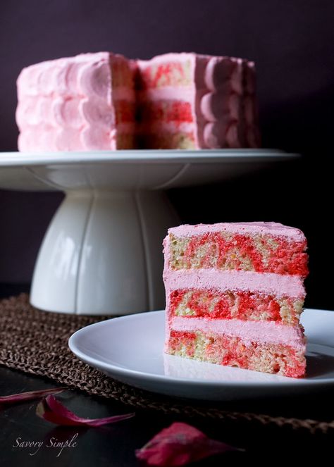 Strawberry Swirl Dream Cake ~ @Jennifer Farley | Savory Simple Cake On A Plate, Explosion Cake, Swiss Buttercream, Ganache Filling, Swirl Cake, Dipped Strawberries, Strawberry Buttercream, Birthday Cake Recipe, Marble Cake