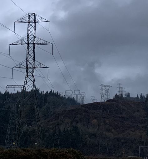 #pnw #powerlines #strawberryspring #fog Electricity Pylon Aesthetic, Powerlines Aesthetic, Sarah Character, Barbarian Woman, Favorite Aesthetic, Transmission Tower, Power Lines, Unfortunate Events, Turn Blue