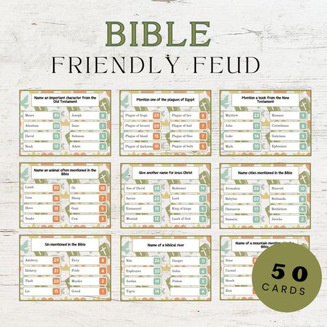 Get ready for an experience full of laughter and surprises with our special edition 'Bible Friendly Feud.' Dive into the fun as you compete with your family and friends to guess the most popular answers in this exciting Bible-focused edition. We've gathered 50 thrilling Bible-based questions that will challenge your knowledge and make you laugh. Bible Bowl Questions And Answers, Bible Family Fued, Guess Who Bible Characters, Bible Party Ideas, Biblical Games, Bible Family Feud, Jw Family Worship Ideas Kids, Jw Games, Family Feud Template