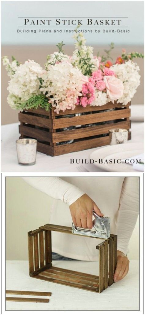 Paint Stick Basket and other farmhouse decorating ideas Rustic Country Home, Farmhouse Decoration, Painted Sticks, Farmhouse Furniture, Deco Floral, Room Decorating, Country House Decor, Low Budget, Wooden Crate