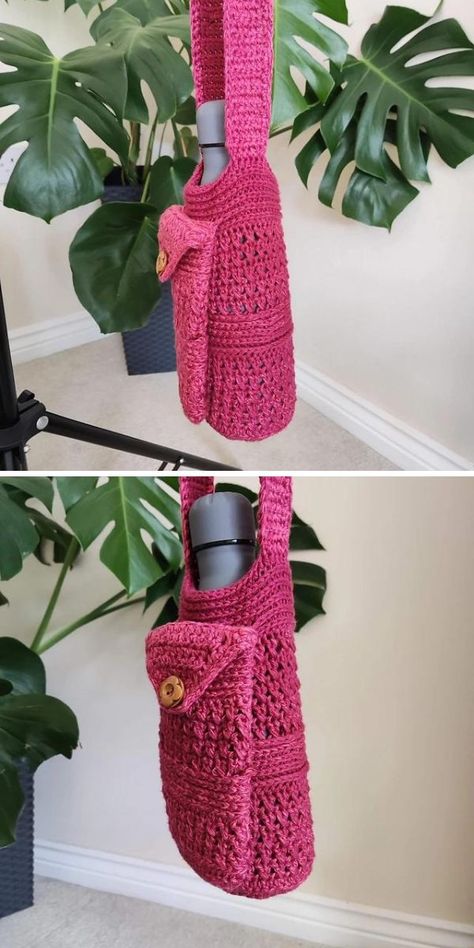 Hydroflask Crochet Holder, Crochet Water Bottle Holder With Pocket, Crochet Water Bottle Holder Pattern Free, Crochet Water Bottle Bag, Crochet Vase, Flask Holder, Bag Free Crochet Pattern, Crochet Water Bottle, Small Crochet Gifts